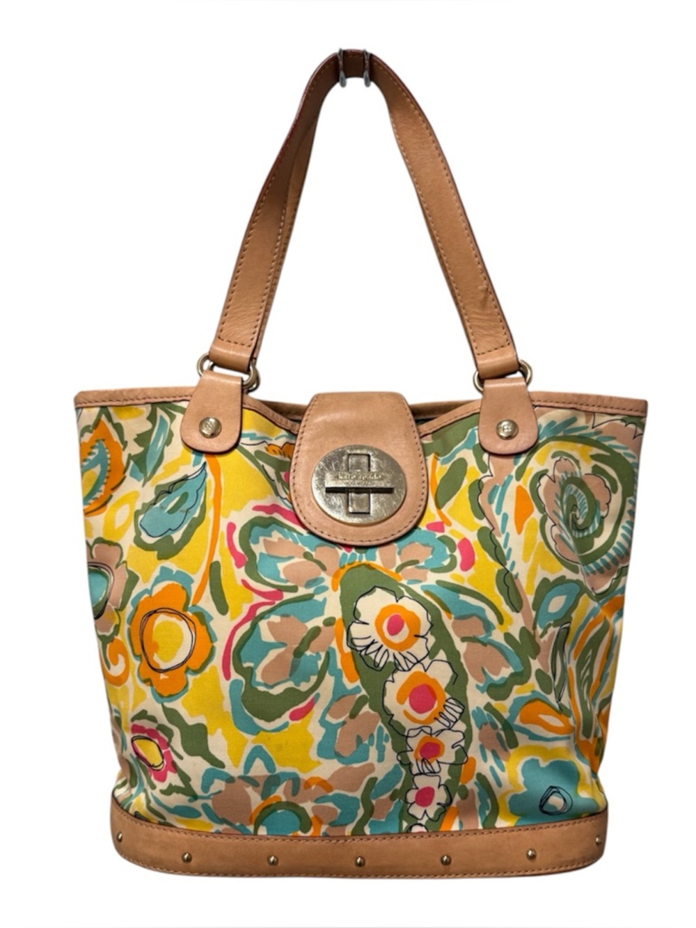 kate spade Multicolor Floral Canvas Tote with Tan Leather Trim